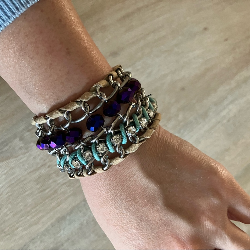 Steven Madden Multi-Strand Crystal, Purple Beaded and Leather-Wrapped Bracelet
